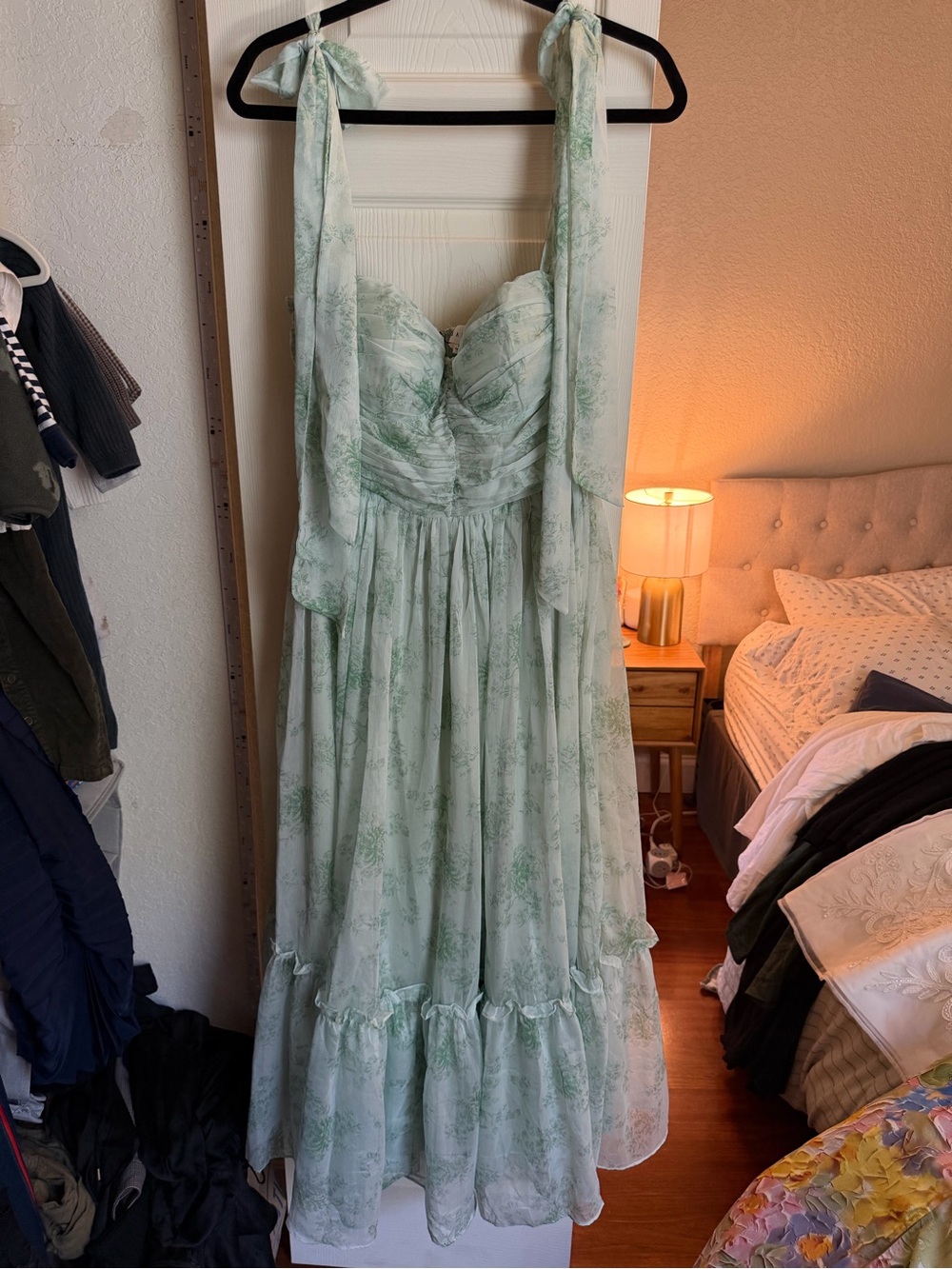 Mint Green Floral Tiered Maxi Dress with Tie Straps - Picture 3 of 4